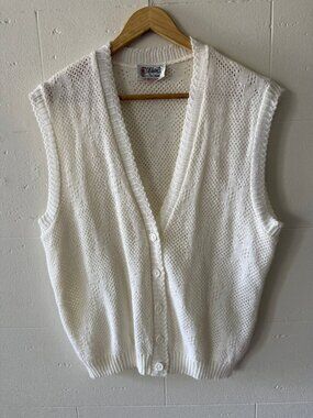 Vintage D'Allaird's | 90s White Knit Sweater Vest Cozy Cottagecore| Large